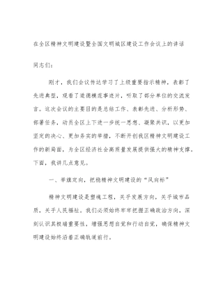 在全区精神文明建设暨全国文明城区建设工作会议上的讲话