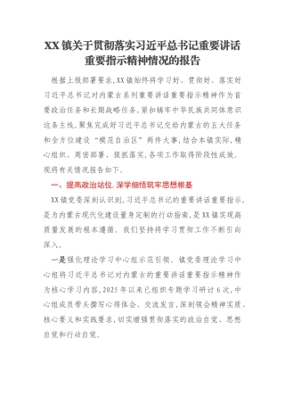XX镇关于贯彻落实习近平总书记重要讲话重要指示精神情况的报告