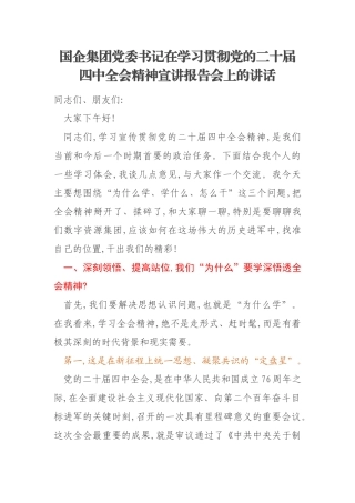 国企集团党委书记在学习贯彻党的二十届四中全会精神宣讲报告会上的讲话