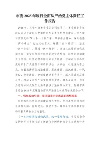 市委2025年履行全面从严治党主体责任工作报告