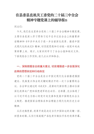在县委县直机关工委党的二十届三中全会精神专题党课上的辅导报