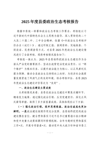 2025年度县委政治生态考核报告