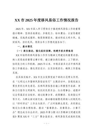 XX市2025年度移风易俗工作情况报告