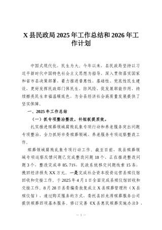 X县民政局2025年工作总结和2026年工作计划