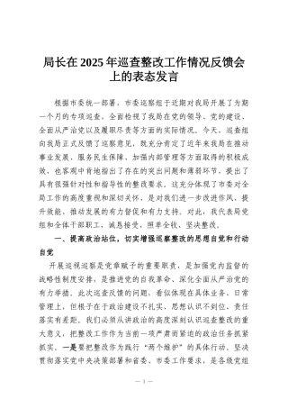 局长在2025年巡查整改工作情况反馈会上的表态发言