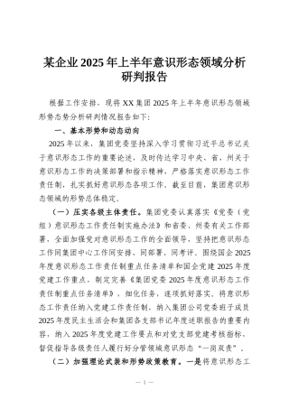 某企业2025年上半年意识形态领域分析研判报告