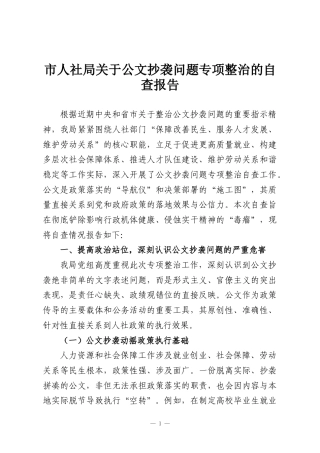 市人社局关于公文抄袭问题专项整治的自查报告