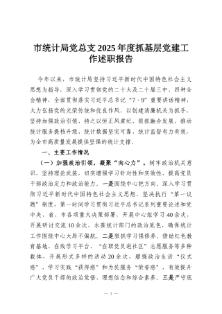 市统计局党总支2025年度抓基层党建工作述职报告