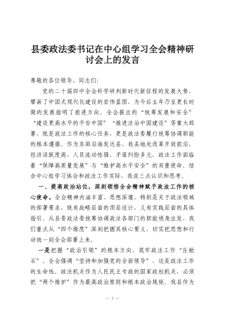 县委政法委书记在中心组学习全会精神研讨会上的发言