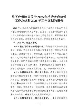 县医疗保障局关于2025年法治政府建设工作总结和2026年工作谋划的报告