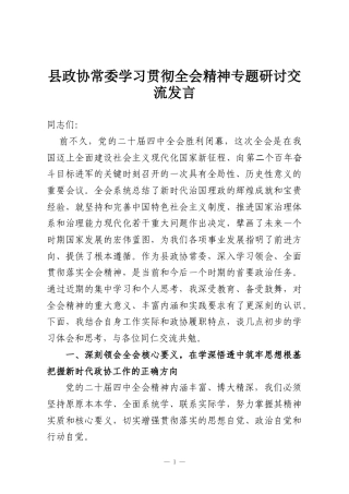 县政协常委学习贯彻全会精神专题研讨交流发言