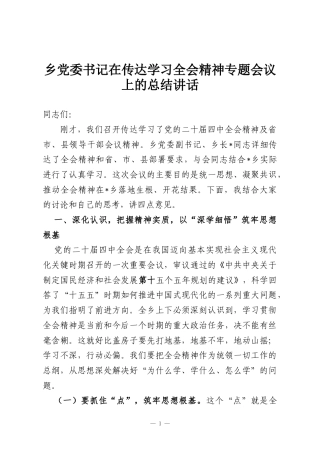 乡党委书记在传达学习全会精神专题会议上的总结讲话
