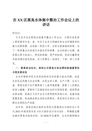 在XX区黑臭水体集中整治工作会议上的讲话