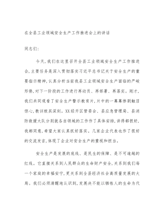 在全县工业领域安全生产工作推进会上的讲话