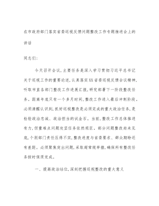 在市政府部门落实省委巡视反馈问题整改工作专题推进会上的讲话