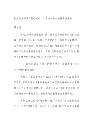 机关党支部学习贯彻党的二十届四中全会精神宣讲报告
