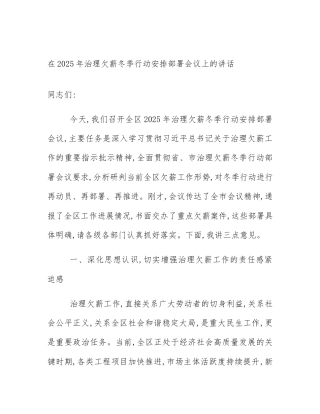 在2025年治理欠薪冬季行动安排部署会议上的讲话