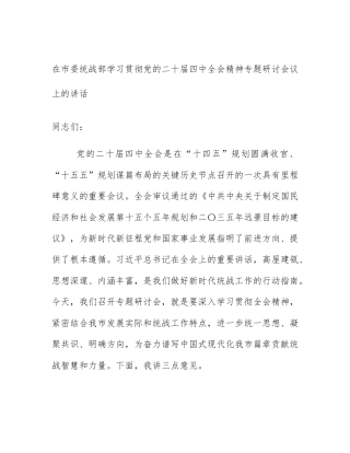 在市委统战部学习贯彻党的二十届四中全会精神专题研讨会议上的讲话