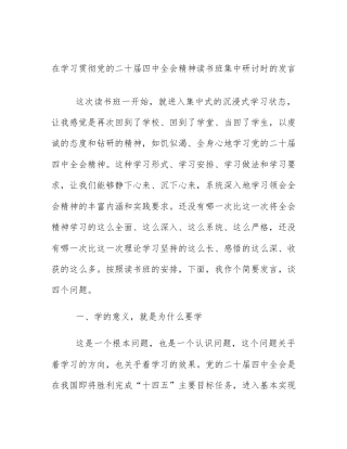 在学习贯彻党的二十届四中全会精神读书班集中研讨时的发言
