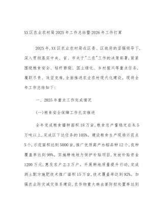 XX区农业农村局2025年工作总结暨2026年工作打算