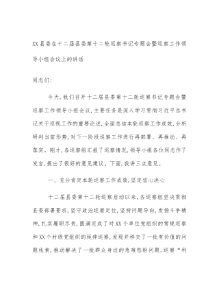 XX县委在十二届县委第十二轮巡察书记专题会暨巡察工作领导小组会议上的讲话