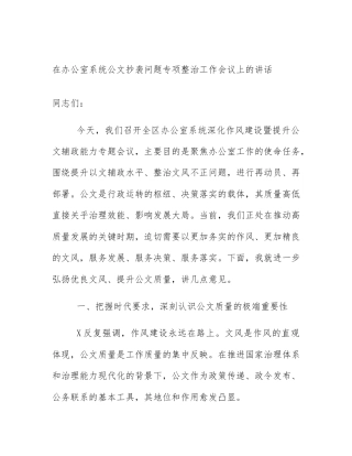 在办公室系统公文抄袭问题专项整治工作会议上的讲话