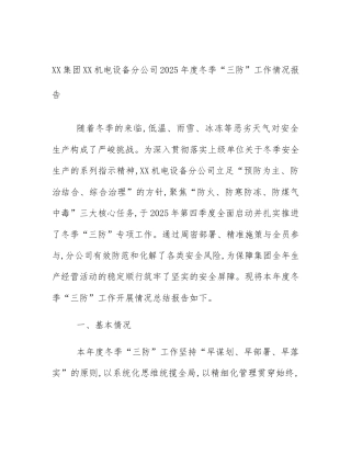 XX集团XX机电设备分公司2025年度冬季“三防”工作情况报告