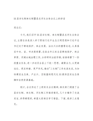 XX县田长制林长制暨县总河长全体会议上的讲话