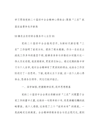 学习贯彻党的二十届四中全会精神心得体会_聚焦“三农”抓落实奋勇争先开新局