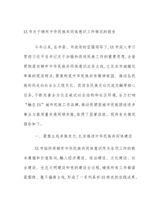 XX市关于铸牢中华民族共同体意识工作情况的报告