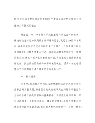 XX市文化体育和旅游局关于2025年度基层行政执法领域专项整治工作情况的报告