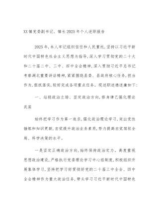 XX镇党委副书记、镇长2025年个人述职报告