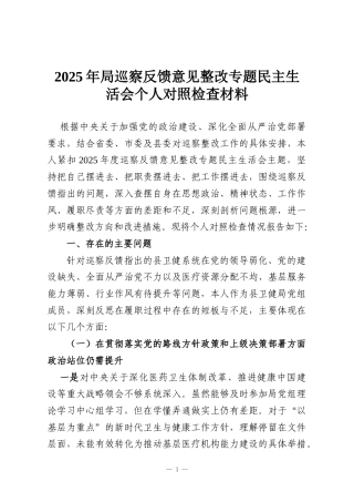 2025年局巡察反馈意见整改专题民主生活会个人对照检查材料