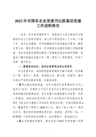 2025年市国有企业党委书记抓基层党建工作述职报告