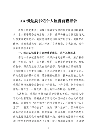 XX镇党委书记个人监督自查报告