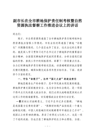 副市长在全市耕地保护责任制考核暨自然资源执法督察工作推进会议上的讲话