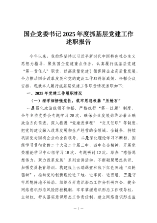 国企党委书记2025年度抓基层党建工作述职报告