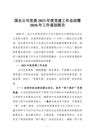 国企公司党委2025年度党建工作总结暨2026年工作谋划报告