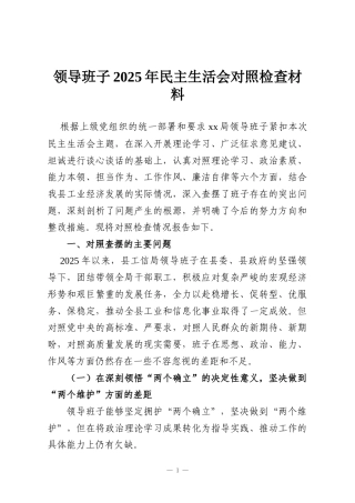 领导班子2025年民主生活会对照检查材料