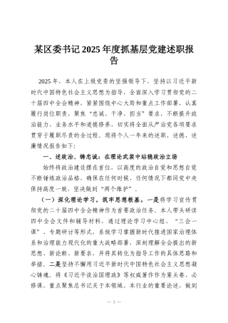 某区委书记2025年度抓基层党建述职报告