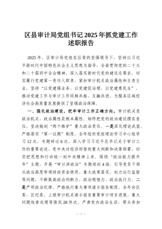 区县审计局党组书记2025年抓党建工作述职报告