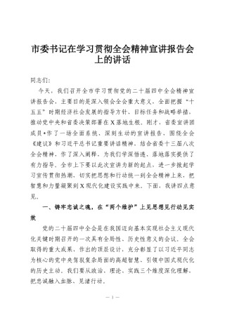 市委书记在学习贯彻全会精神宣讲报告会上的讲话