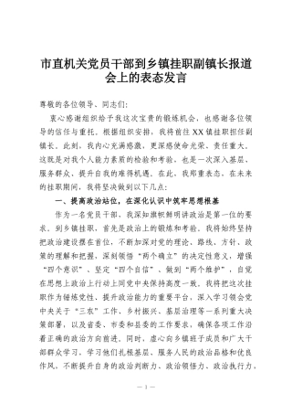 市直机关党员干部到乡镇挂职副镇长报道会上的表态发言