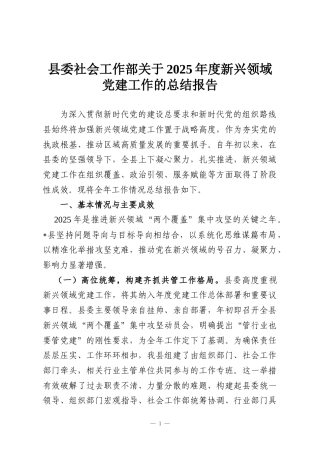 县委社会工作部关于2025年度新兴领域党建工作的总结报告