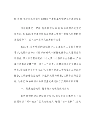 XX县XX乡政府机关党支部2025年度抓基层党建工作述职报告