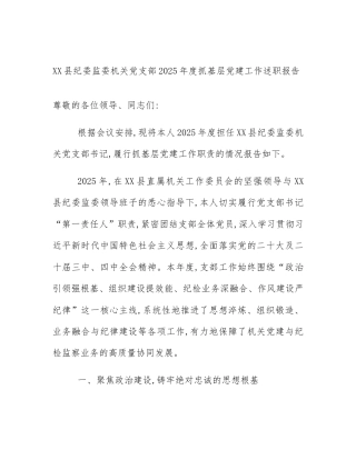 XX县纪委监委机关党支部2025年度抓基层党建工作述职报告