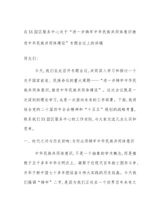 在XX园区服务中心关于“进一步铸牢中华民族共同体意识推进中华民族共同体建设”专题会议上的讲稿