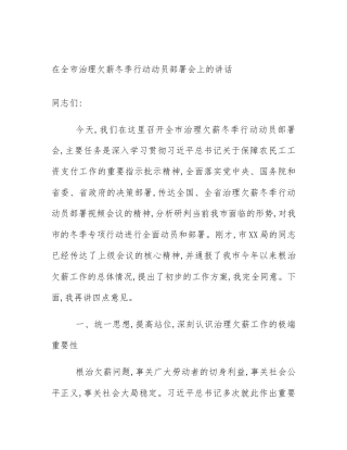 在全市治理欠薪冬季行动动员部署会上的讲话