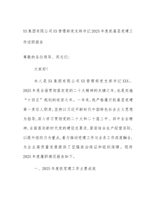 XX集团有限公司XX管理部党支部书记2025年度抓基层党建工作述职报告