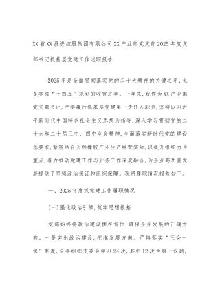 XX省XX投资控股集团有限公司XX产业部党支部2025年度支部书记抓基层党建工作述职报告